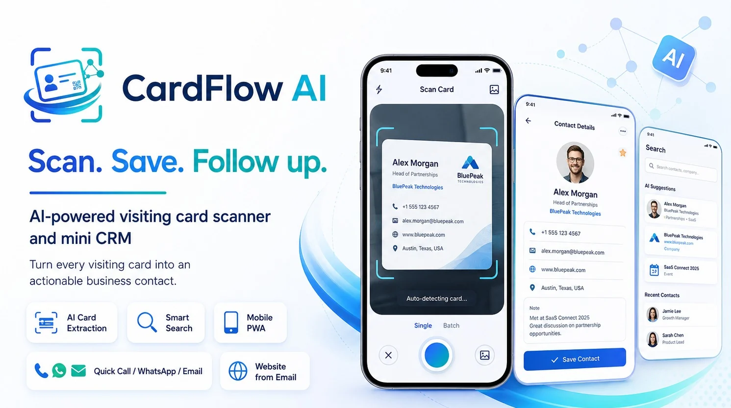 CardFlow AI visiting card scanner and contact management application
