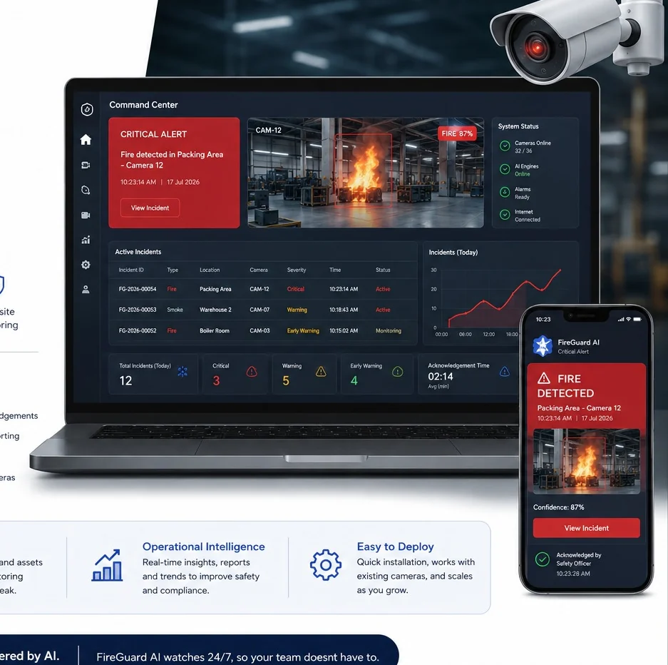 FireGuard AI command center and mobile critical incident alert